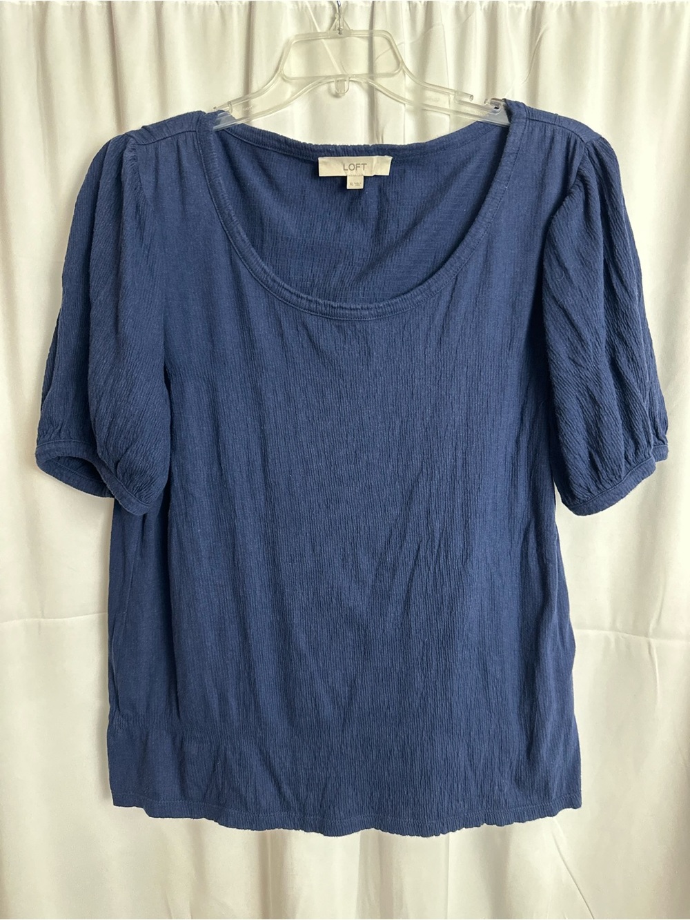 LOFT Navy Textured Scoop Neck Short Sleeve Top, Blue, Size XL